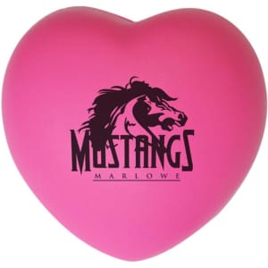 A large pink heart-shaped stress reliever featuring a logo design.