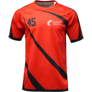 A bright red crew neck sport tee shirt with black accents and a logo, featuring short sleeves and a number.