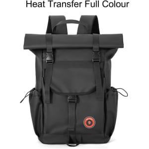A black polyurethane roll top backpack featuring adjustable straps and side pockets, with a logo on the front.