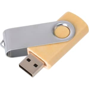 A metal swivel wooden flash drive featuring a silver swivel and a polished wooden body.