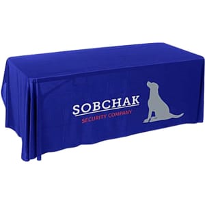 A blue, three-sided throw tablecloth for a 4ft table featuring a logo and branding.