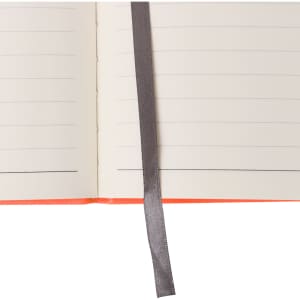 A5 full colour notebook with lined pages and a grey ribbon bookmark. The cover is orange. Features branding.