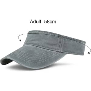 A grey washed sun visor with a wide brim and adjustable band, featuring a logo.