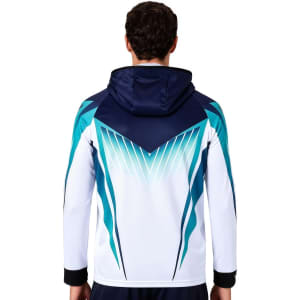 A hooded jacket made of 100% polyester, featuring a blue and white design with a logo on the back.