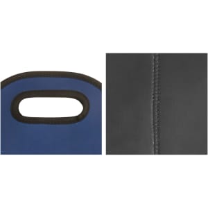 A drink bottle carrier in blue and black neoprene with stitched detailing and a handle for easy transport.