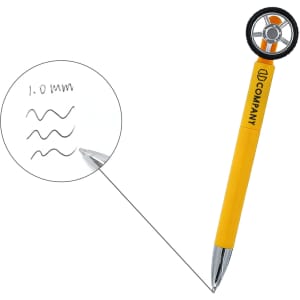 A yellow pen in the shape of a tire, featuring a wheel at the top and a silver tip for writing.