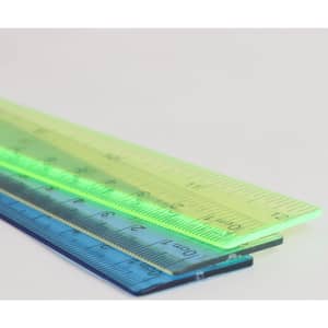 A multi-coloured, dual scale 30cm ruler with green, yellow, and blue sections, featuring a logo.
