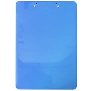 A blue clipboard with two holes at the top for fastening. It has a smooth finish and no visible markings.