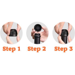 A drink bottle stopper in black, featuring three sequential steps demonstrating its use, with a logo at the top.