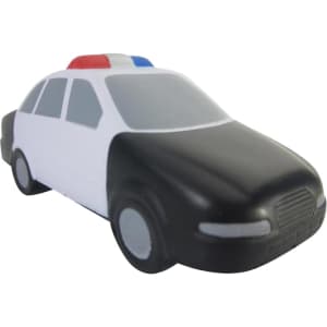 A black and white police car-shaped stress reliever with a red and blue light bar on top.