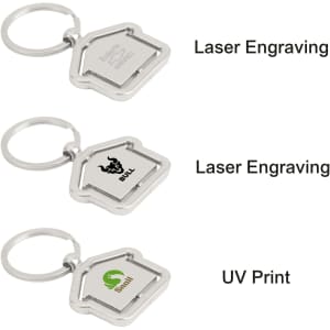A metal keyring in a house shape, featuring silver colour and multiple designs with a logo.