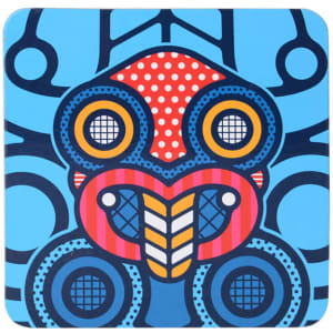 A square cork coaster featuring vibrant blue, red, and black patterns with a stylised design and a logo.