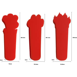 Three red sponge drink stirrers in different fun shapes, each with measurements displayed beside them.