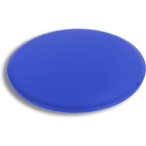 A blue yoga sliding disk with a smooth, round surface and a glossy finish. Features a simple logo.