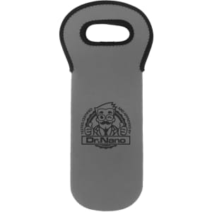 A drink bottle cooler in grey with a handle and a logo. Designed to fit a single bottle.