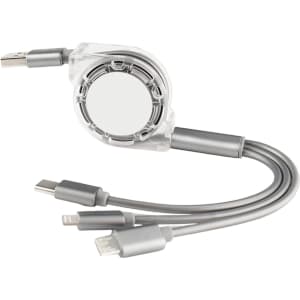 A retractable charging cable in grey, featuring multiple connectors for different devices and a circular casing.