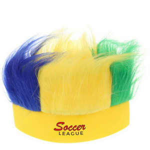 A yellow headband wig featuring blue, green, and yellow hair strands, with a logo on the band.