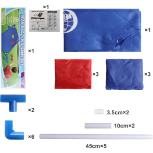 A portable cornhole game board set including red and blue bean bags, support pieces, and a blue fabric cover.