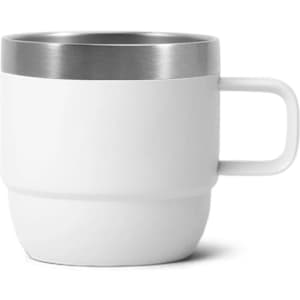 A stackable stainless steel mug in white with a silver rim, featuring a sturdy handle. It has a simple, modern design.