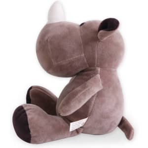 A grey and brown rhino plush toy, featuring a round body and small ears, sitting with a soft, cuddly appearance.