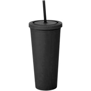 A matte black 24oz plastic cup with a lid and straw, featuring a simple design and a smooth finish.