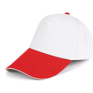 A cap featuring a red bill and a white crown, with a small loop on top and a logo on the side.