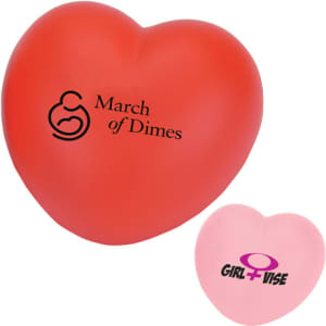 A red heart-shaped stress reliever with a logo, alongside a pink heart-shaped stress reliever.