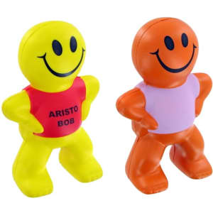 A yellow and orange stress reliever in the shape of smiling human figures, each with different colour outfits.