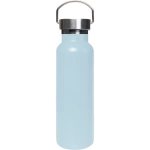 A drink bottle made of stainless steel, featuring a light blue finish and a stainless steel lid with a handle.