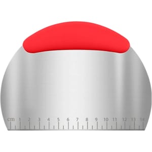 A flour cutter with a silver stainless steel blade and a red ergonomic grip, featuring measurement markings.