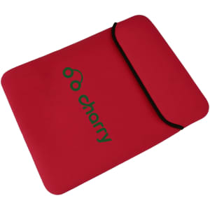 A red tablet PC bag with a black trim and a logo on the front.
