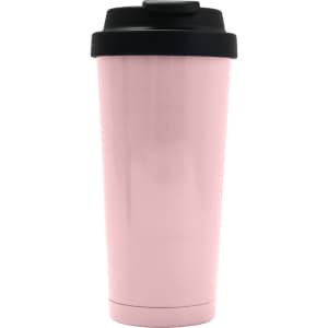 A drink bottle in a pink finish with a black lid and a logo. Made from recycled stainless steel.