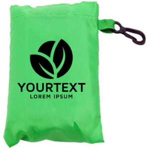 A green foldaway shopping bag with a clip, packed neatly in its own pouch. It features a logo on the front.