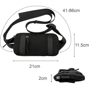 A black travel fanny pack featuring adjustable straps, two zippered pockets, and dimensions indicated.