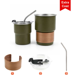 A stainless steel camping mug set in green and brown, featuring a straw, lid, and protective sleeve.