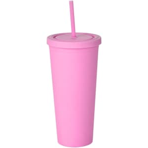 A pink 24oz matte plastic cup with a lid and straw, ideal for drinks. It features a logo on the side.