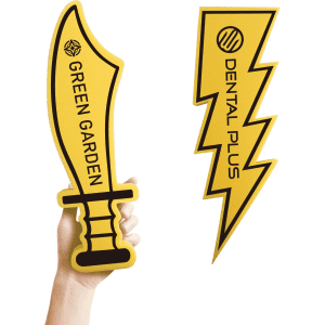 Two yellow promotional cheer sticks shaped like a sword and a lightning bolt, featuring a logo and text.