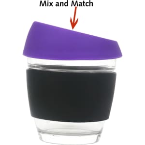 A glass coffee cup with a black silicone sleeve and a purple lid, featuring a logo.