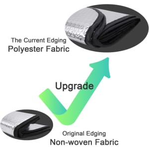 A bubble aluminium car sunshade with polyester fabric edging, featuring a sleek silver design and logo.