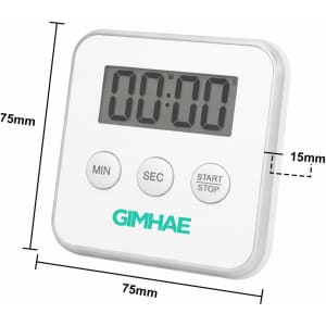 A digital kitchen timer in white with a large display and three buttons. It features a logo on the front.