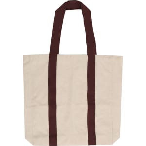 A beige canvas tote bag with dark maroon handles and a logo. The bag features a spacious design.