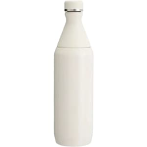 A drink bottle in a sleek white design with a silver band at the top and a logo on the body.