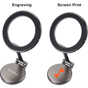 A sticky magnetic car phone holder with a silver and black finish, featuring a flexible arm for positioning.