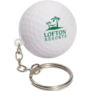 A white golf ball stress reliever attached to a silver keyring, featuring a logo.