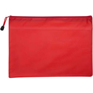 A red A5 zippered pouch bag with a textured surface and a drawstring closure, featuring a logo.