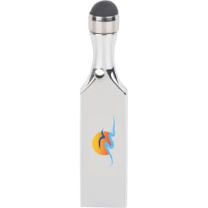 A sleek silver touch pen USB flash drive with a rubber tip and a logo on the front.