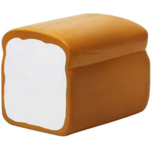 A brown and white toast-shaped stress reliever with a smooth surface and a rectangular shape. It features a branding logo.
