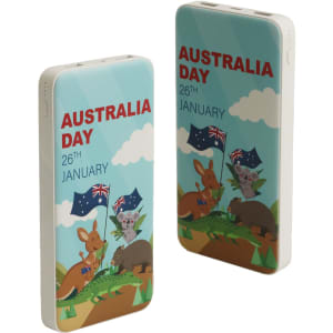 A power bank with a full colour print, featuring kangaroos and Australian Day elements in shades of blue and green.