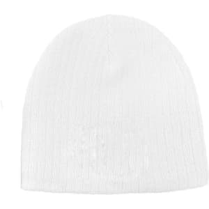 A white cable knit beanie featuring a ribbed texture and a small logo.