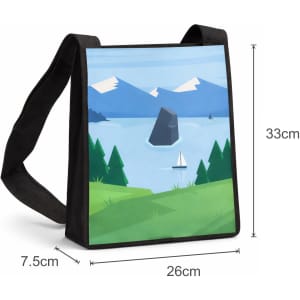 A custom sublimation crossbody bag featuring a scenic landscape print with mountains, water, and a sailboat. Black strap.
